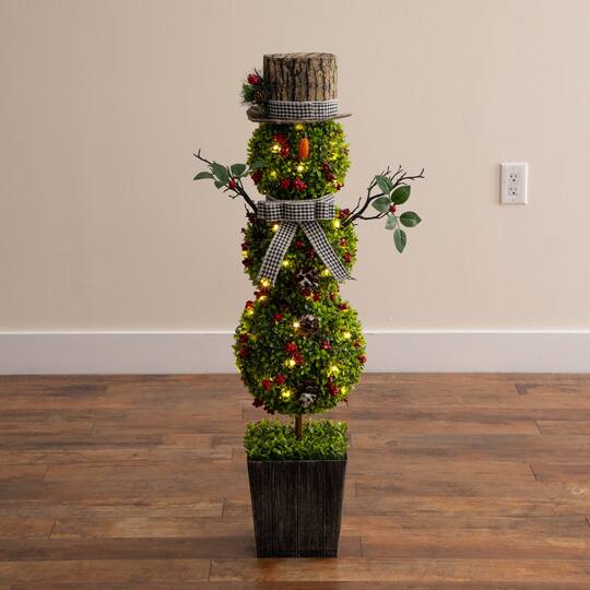Nearly Natural 3.5ft. Pre-Lit Artificial Christmas Boxwood Snowman Topiary Tree in Decorative Planter